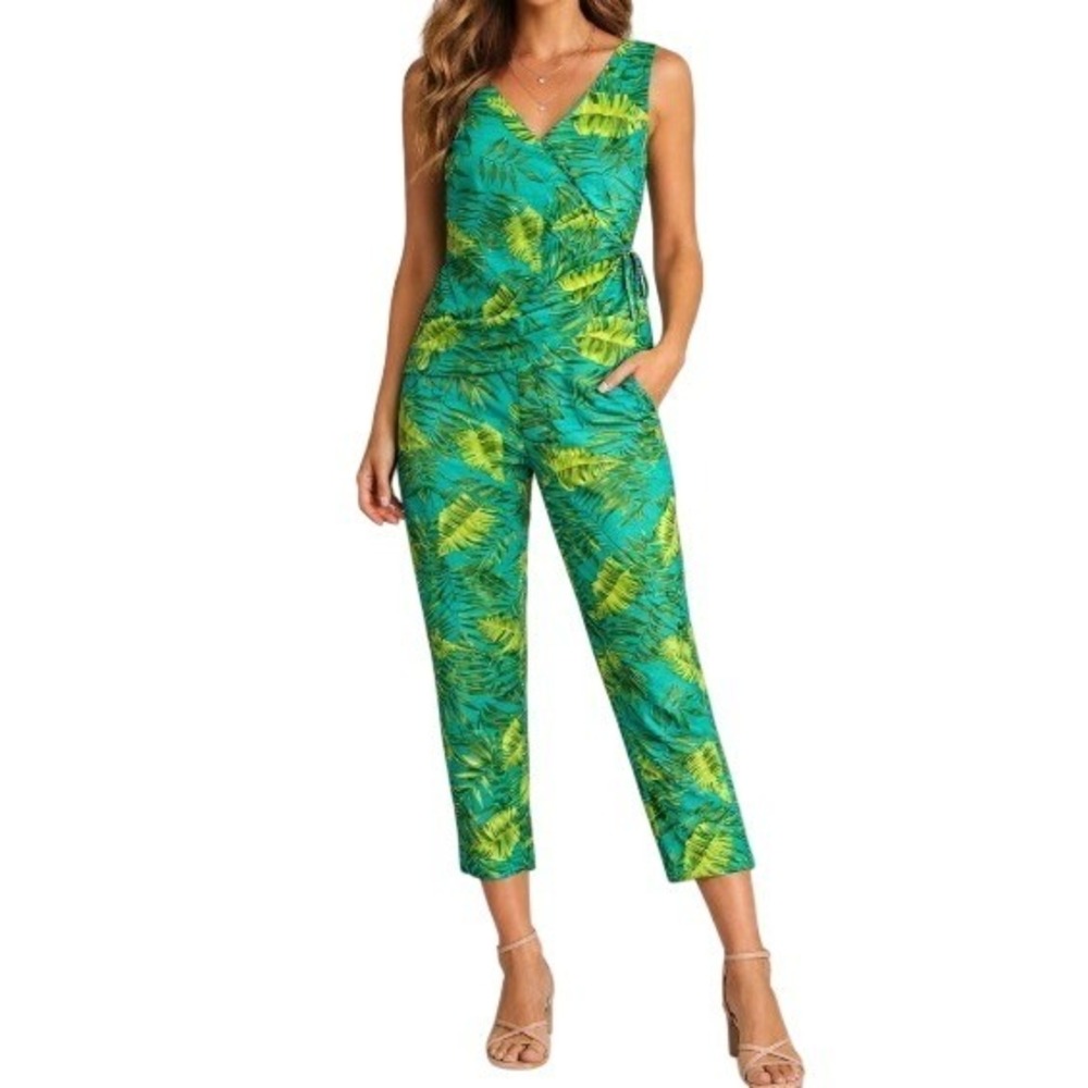 Vintage Sag Harbor 2 Piece Top & Pants Set Women 12 Green Palm Tropical Vacation